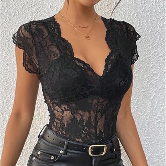 Women's Floral Lace Sheer Bodysuit Deep V Neck Cap Sleeve Scallop Leotard Tops - Picture 1 of 5